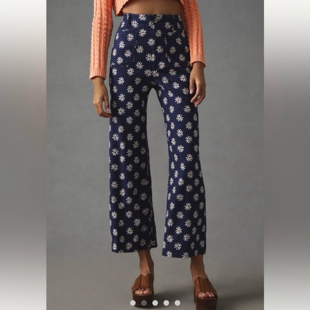 Anthropologie Navy Blue Floral Wide-Leg Pants